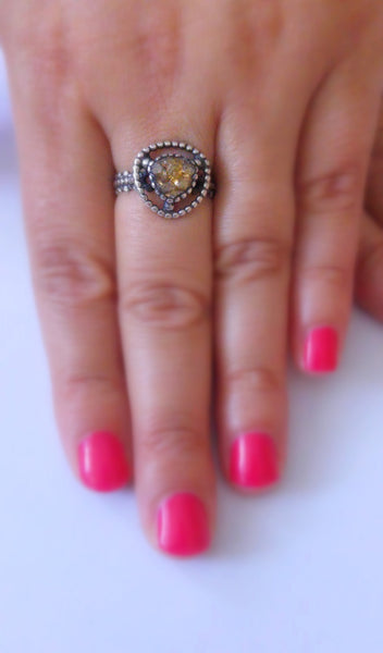 Raw diamond ring, 24K gold base, silver band, unique design