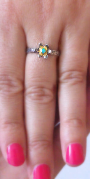 Flower ring with opal and 24K Yellow gold, Hammered sterling silver band