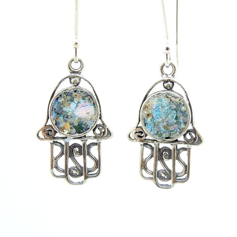 Filigree sterling silver hamsa earrings with roman glass