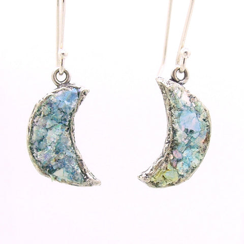 Moon Earrings hammered silver with roman glass