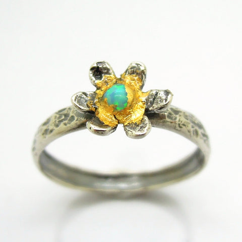 Flower ring with opal and 24K Yellow gold, Hammered sterling silver band