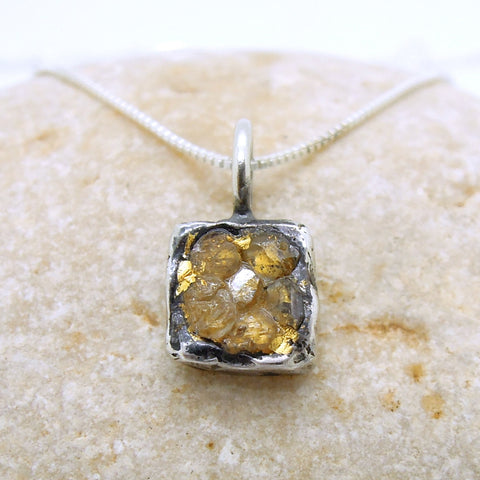 Raw diamond necklace pendant, Square pendant, 24K Yellow gold in oxidized silver, Silver chain included