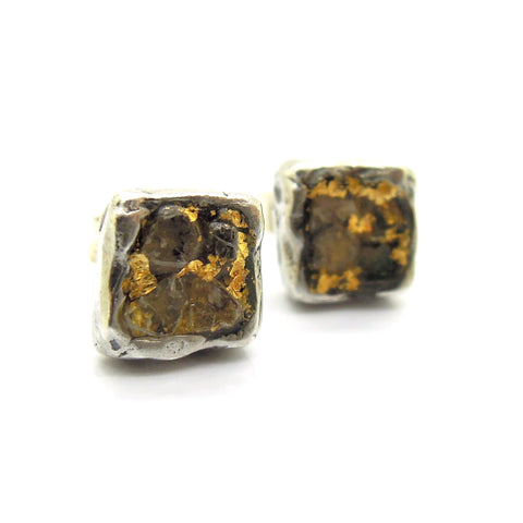 Raw diamond earrings, Square studs, 24K gold, silver post earrings, Unique design