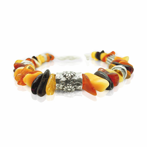 Bracelet - Amber Bracelet With A Hamsa Hand Closer And Flower Shapes