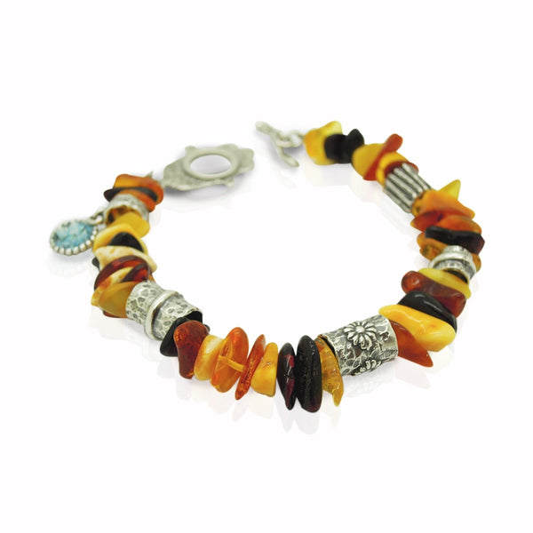 Bracelet - Amber Bracelet With A Hamsa Hand Closer And Flower Shapes