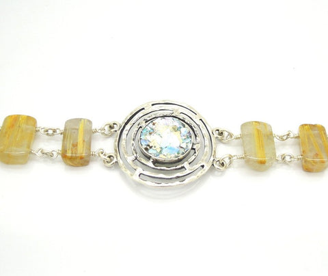 Bracelet - Large Gemstone Bracelet With Rutile Quartz And Roman Glass
