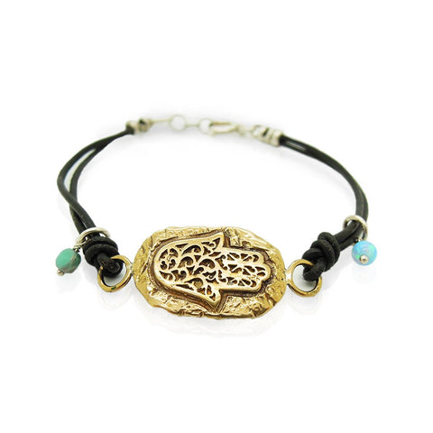 Bracelet - Leather Bracelet With A Brass Hamsa Hand, Ancient Hebrew Script And Mosaic Opal Beads