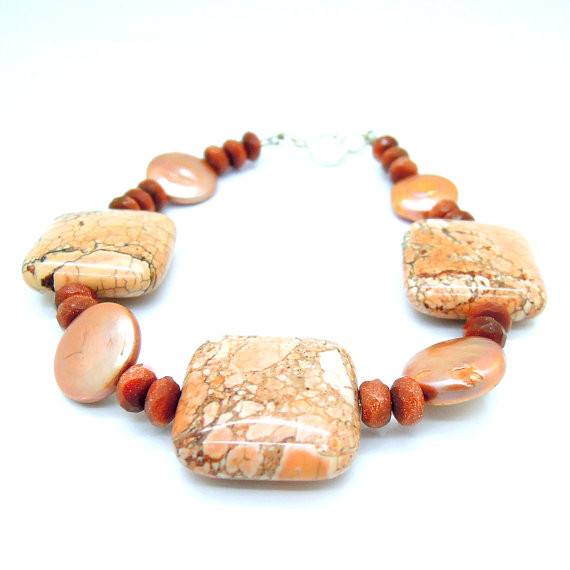 Bracelet - Pearls Gold Stone And Jasper Gemstone Bead Bracelet