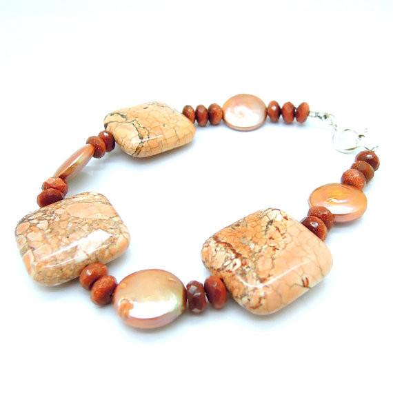 Bracelet - Pearls Gold Stone And Jasper Gemstone Bead Bracelet