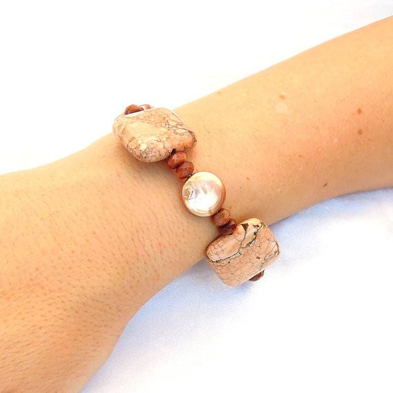 Bracelet - Pearls Gold Stone And Jasper Gemstone Bead Bracelet