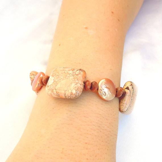 Bracelet - Pearls Gold Stone And Jasper Gemstone Bead Bracelet