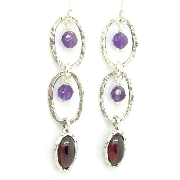 Earrings - Amethyst And Garnet Chandelier Silver Earrings