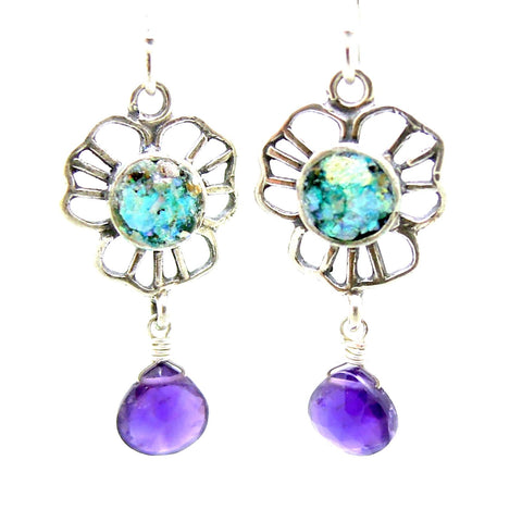 Earrings - Amethyst Earrings Flower Shaped With Authentic Roman Glass