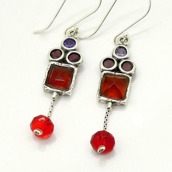 Earrings - Carnelian, Garnet And Zircon Chandelier Silver Earrings