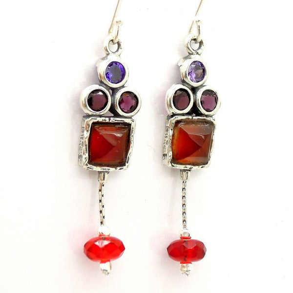 Earrings - Carnelian, Garnet And Zircon Chandelier Silver Earrings