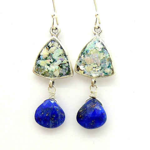 Earrings - Chandelier Roman Glass Earrings With Hanging Lapis Lazuli