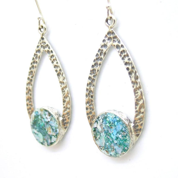 Earrings - Drop Shape Sterling Silver Earrings With Roman Glass