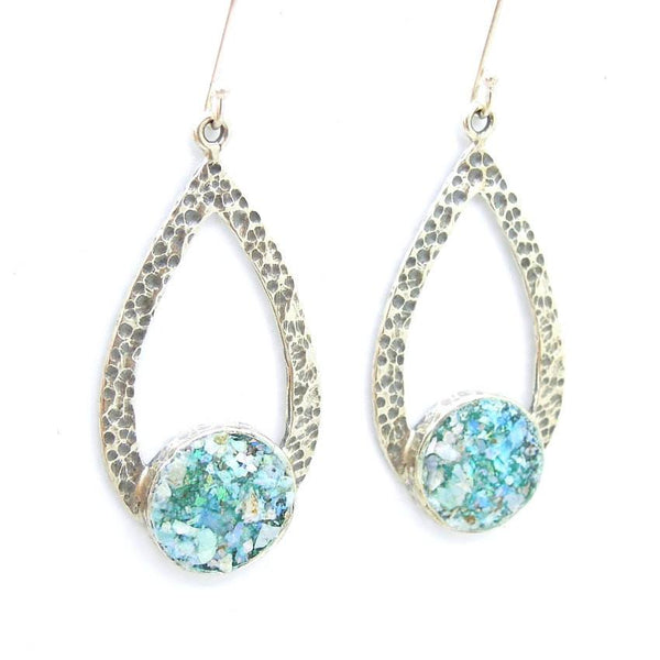 Earrings - Drop Shape Sterling Silver Earrings With Roman Glass