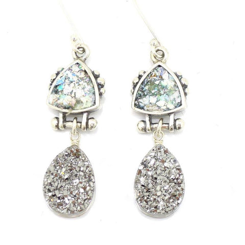Earrings - Druzy Agate Platinum And Roman Glass Earrings
