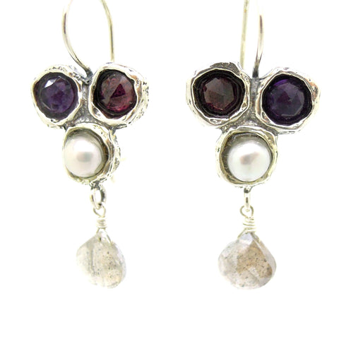 Earrings - Gemstone Earrings Set In Sterling Silver With A Garnet, Purple Zircon, White Pearl And A Labradorite