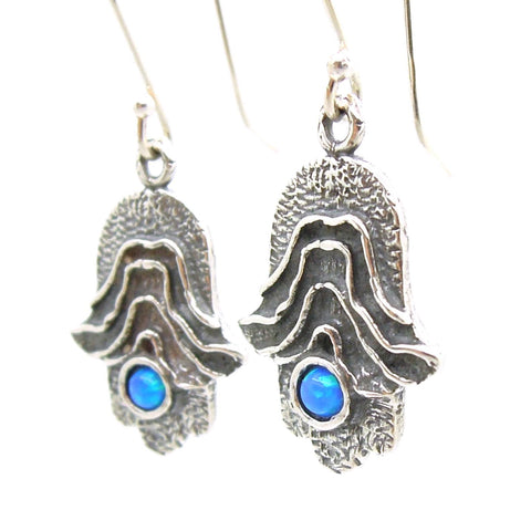 Earrings - Hamsa Hand Earrings With Opal Set In Sterling Silver