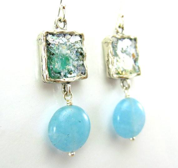 Earrings - Hanging Aquamarine And Roman Glass Silver Earrings