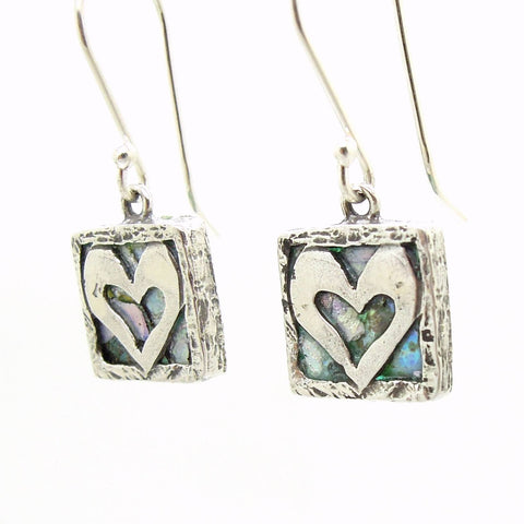Earrings - Heart Earrings, Hammered Silver With Roman Glass