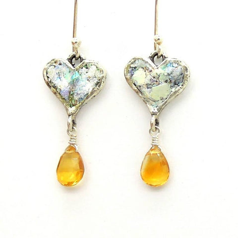 Earrings - Heart Shaped Silver And Roman Glass Earrings With Citrine