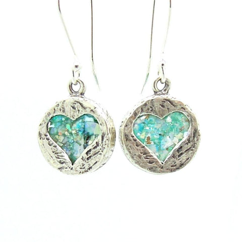 Earrings - Heart Shaped Silver Earrings With Roman Glass