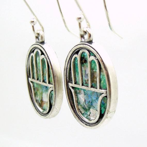 Earrings - Oval Hamsa Earrings With Roman Glass