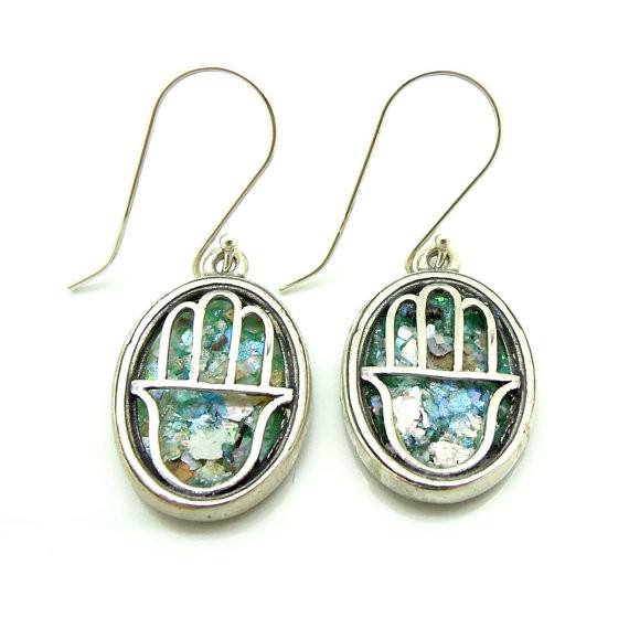 Earrings - Oval Hamsa Earrings With Roman Glass