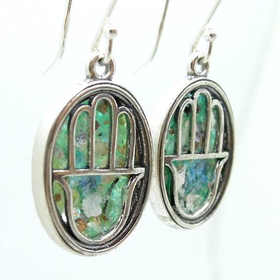 Earrings - Oval Hamsa Earrings With Roman Glass