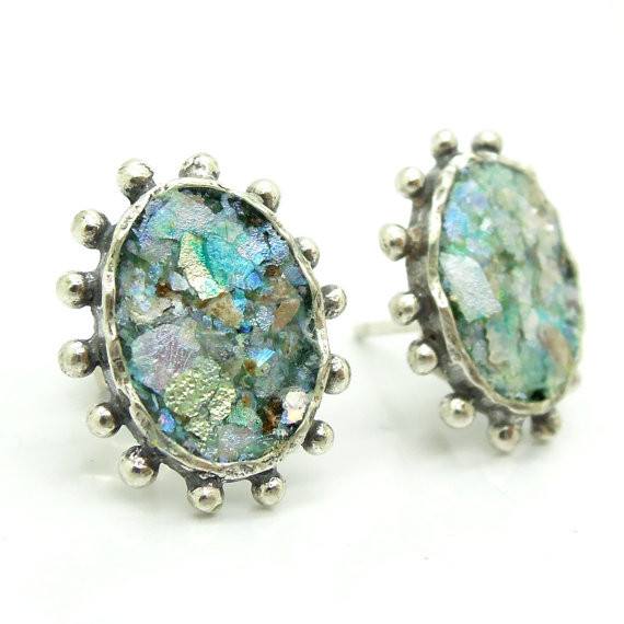 Earrings - Oval Stud Earrings With Circles & Authentic Roman Glass