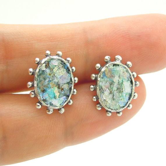 Earrings - Oval Stud Earrings With Circles & Authentic Roman Glass