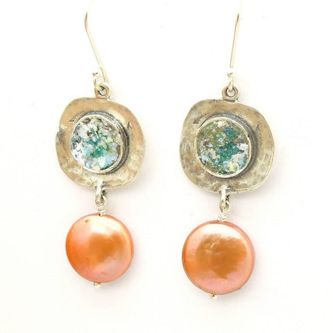 Earrings - Roman Glass  And Copper Pearl Dangle Silver Earrings