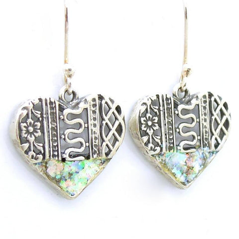 Earrings - Roman Glass And Silver Earrings - Heart Shaped