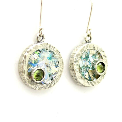 Earrings - Round Silver And Roman Glass Earrings With A Sweet Peridot