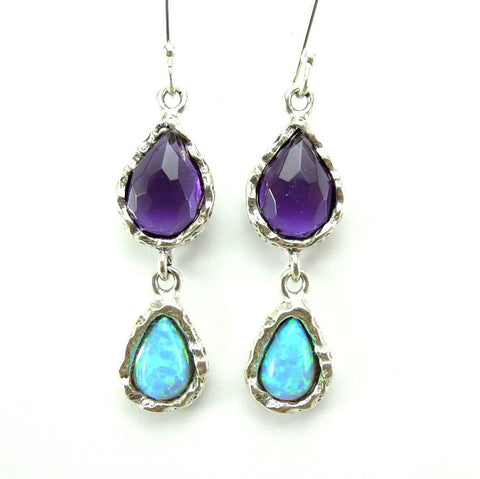 Earrings - Silver Amethyst And Opal Earrings - Chandelier Unique Design