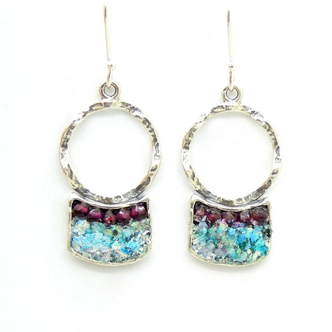 Earrings - Silver Earrings With Garnet  Beads And Roman Glass