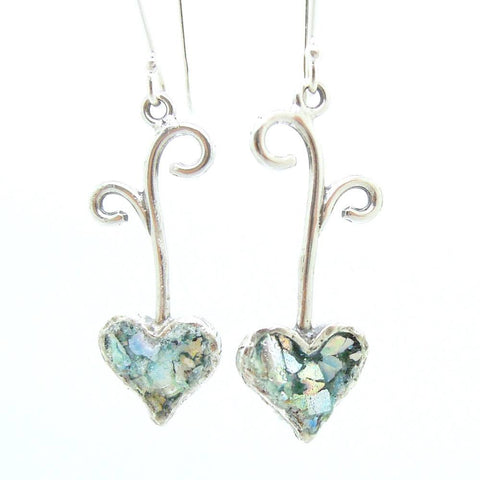 Earrings - Silver Heart Shaped Dangle Earrings With Roman Glass