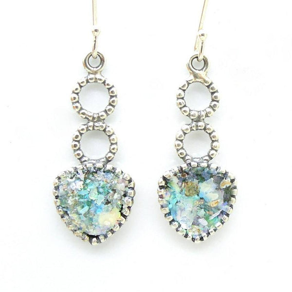 Earrings - Sterling Silver Circle And Triangle Earrings With Roman Glass