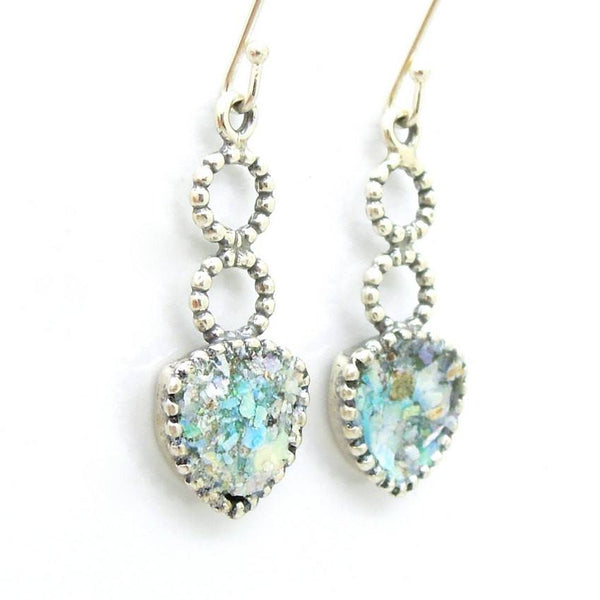 Earrings - Sterling Silver Circle And Triangle Earrings With Roman Glass