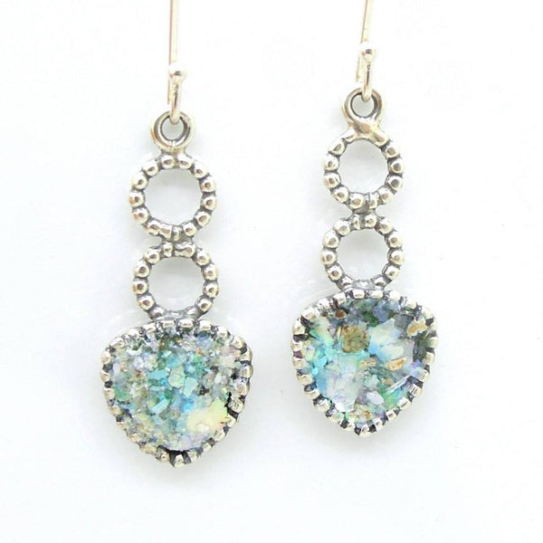 Earrings - Sterling Silver Circle And Triangle Earrings With Roman Glass