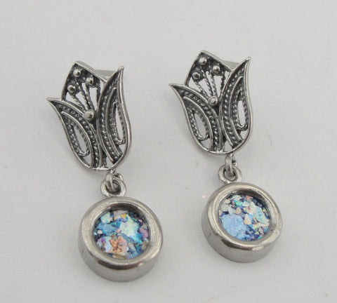 Roman glass, Dangling earring, Sterling silver 925, Gift, Round earring, Israel jewelry, Silver, Earring (er212