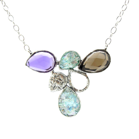 Necklace - Drop Shaped Necklace With Roman Glass, Smokey Quartz And Purple Quartz Set In Silver
