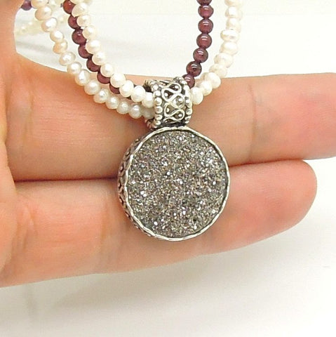 Necklace - Garnet & Pearl Necklace With Platinum Druzy In Silver