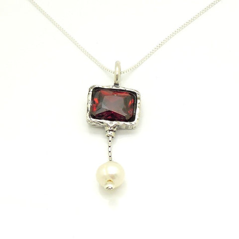 Necklace - Red Zircon Silver Sterling Pearl Necklace