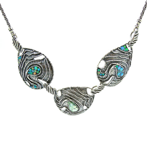 Necklace - Silver Necklace With Mosaic Opal Landscape Design