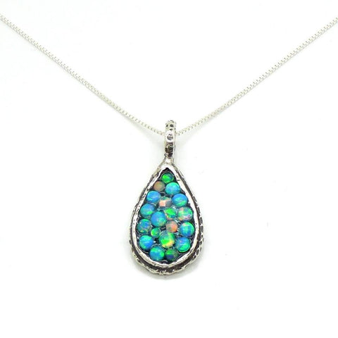 Necklace - Sterling Silver Drop Shaped Pendant With Mosaic Opal Stones