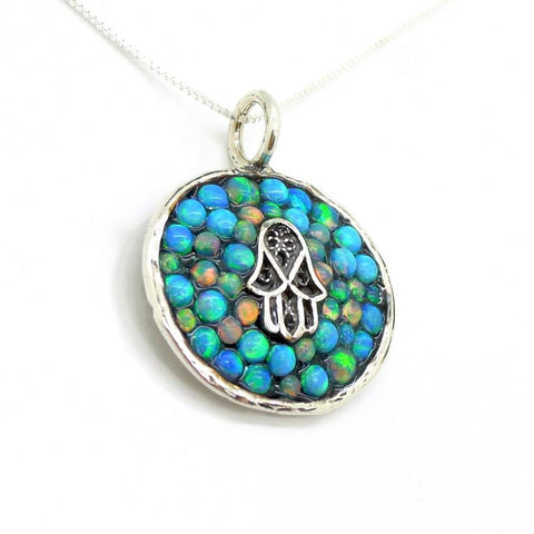 Necklace - Sterling Silver Hamsa Pendant With Mosaic Opal Stones